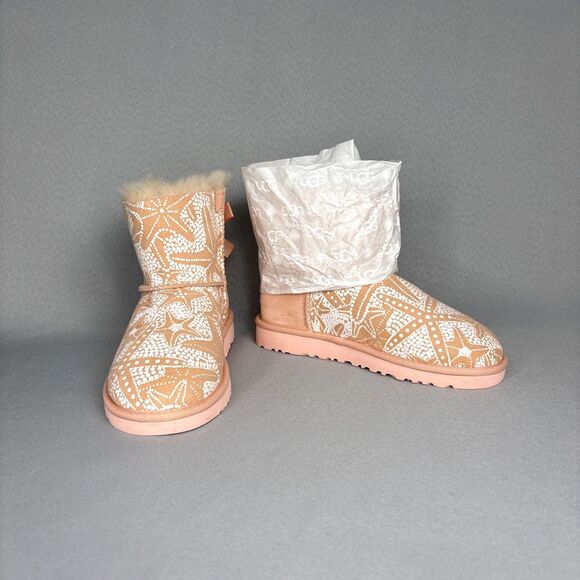Girls Sz 3 UGG Boots Bailey Bow PDS Light Pink Peach Suede Wool Fast Shipping - Picture 11 of 16